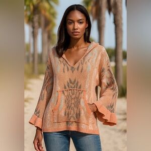 AndTheWhy Boho Knit Hoodie Sweater Coral S/M Romantic Boho Moto Boho Western